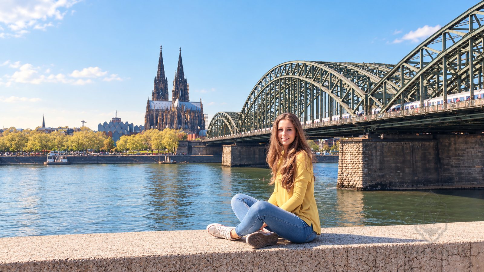 Sara sentada junto al Rin, en Colonia, con la catedral y un puente de hierro al fondo